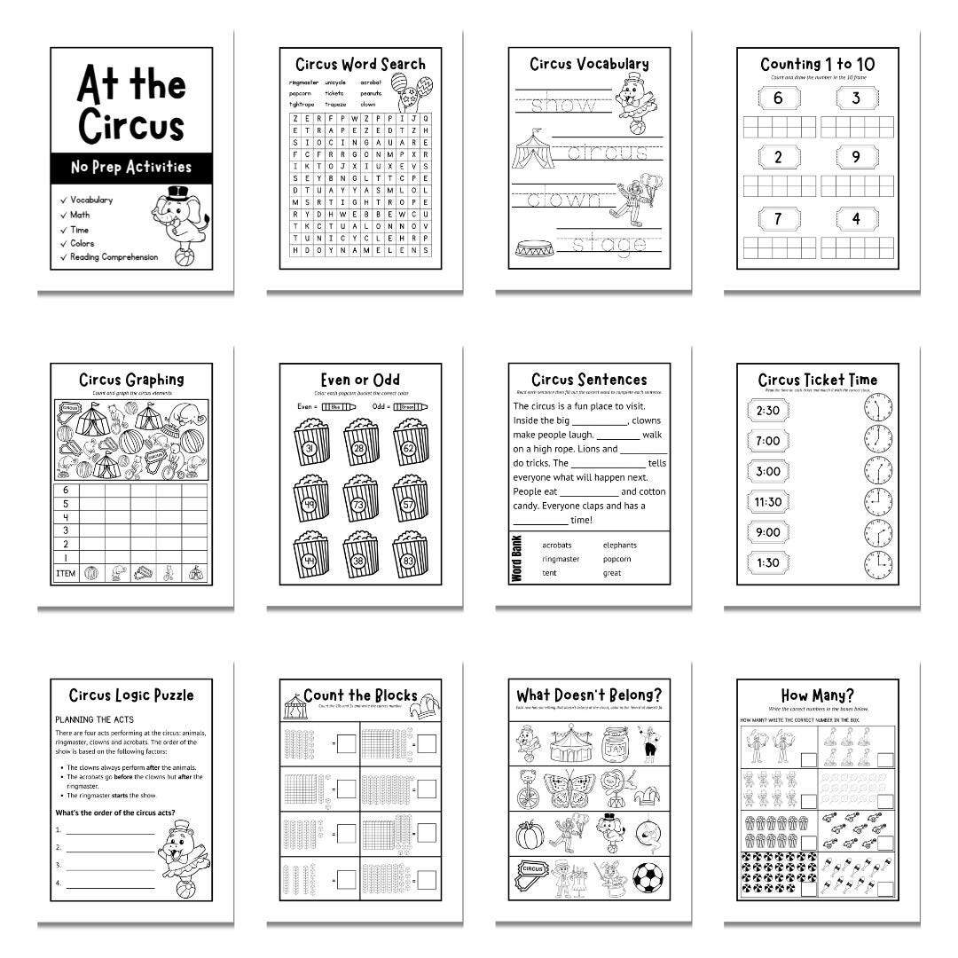Circus No Prep Worksheet Pack Math Language Color Skills Digital Download Curriculum Etsy