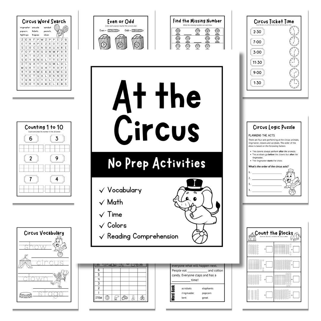 Circus No Prep Worksheet Pack Math Language Color Skills Digital Download Curriculum Etsy
