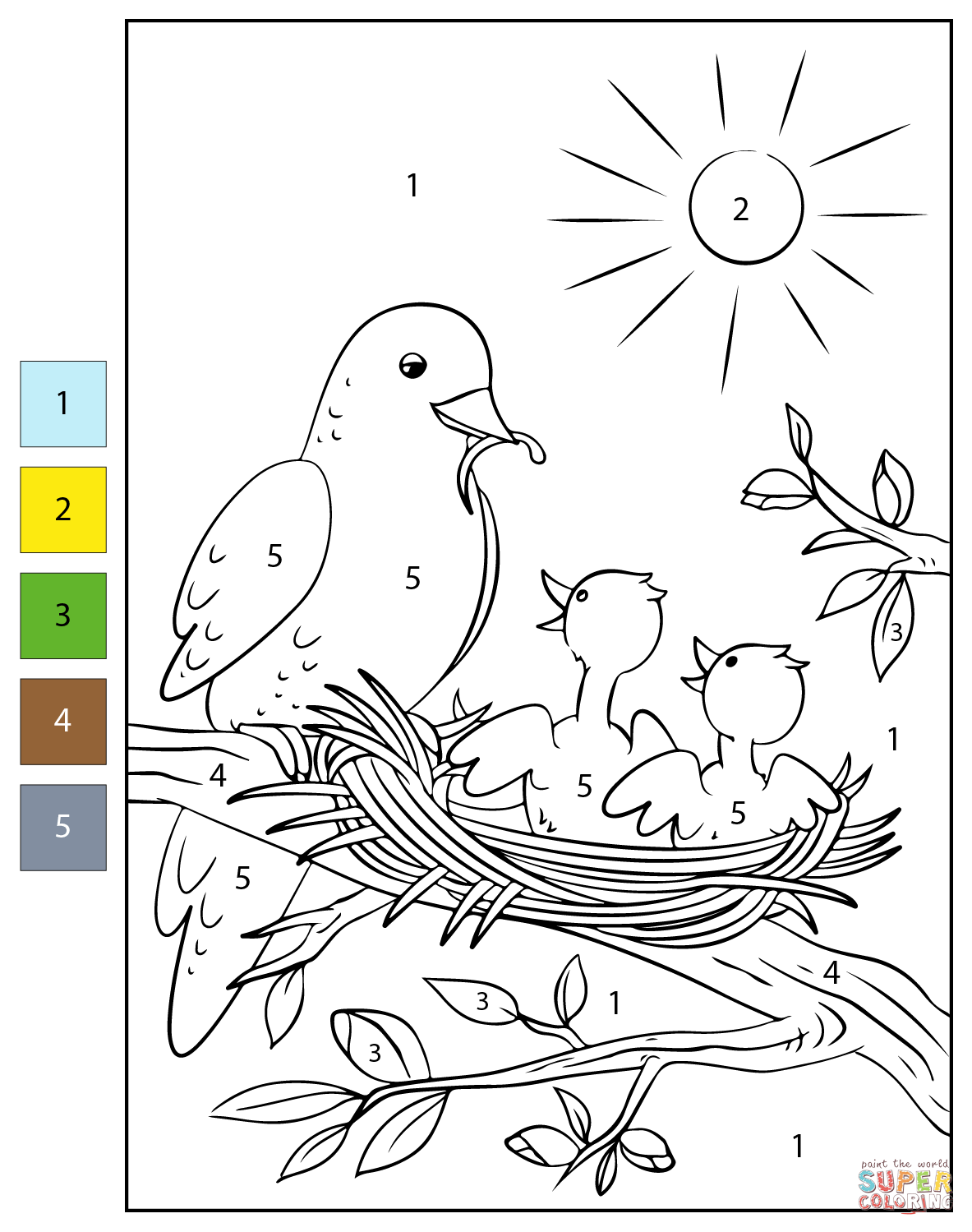 Color By Number Spring Birds Coloring Page Free Printable