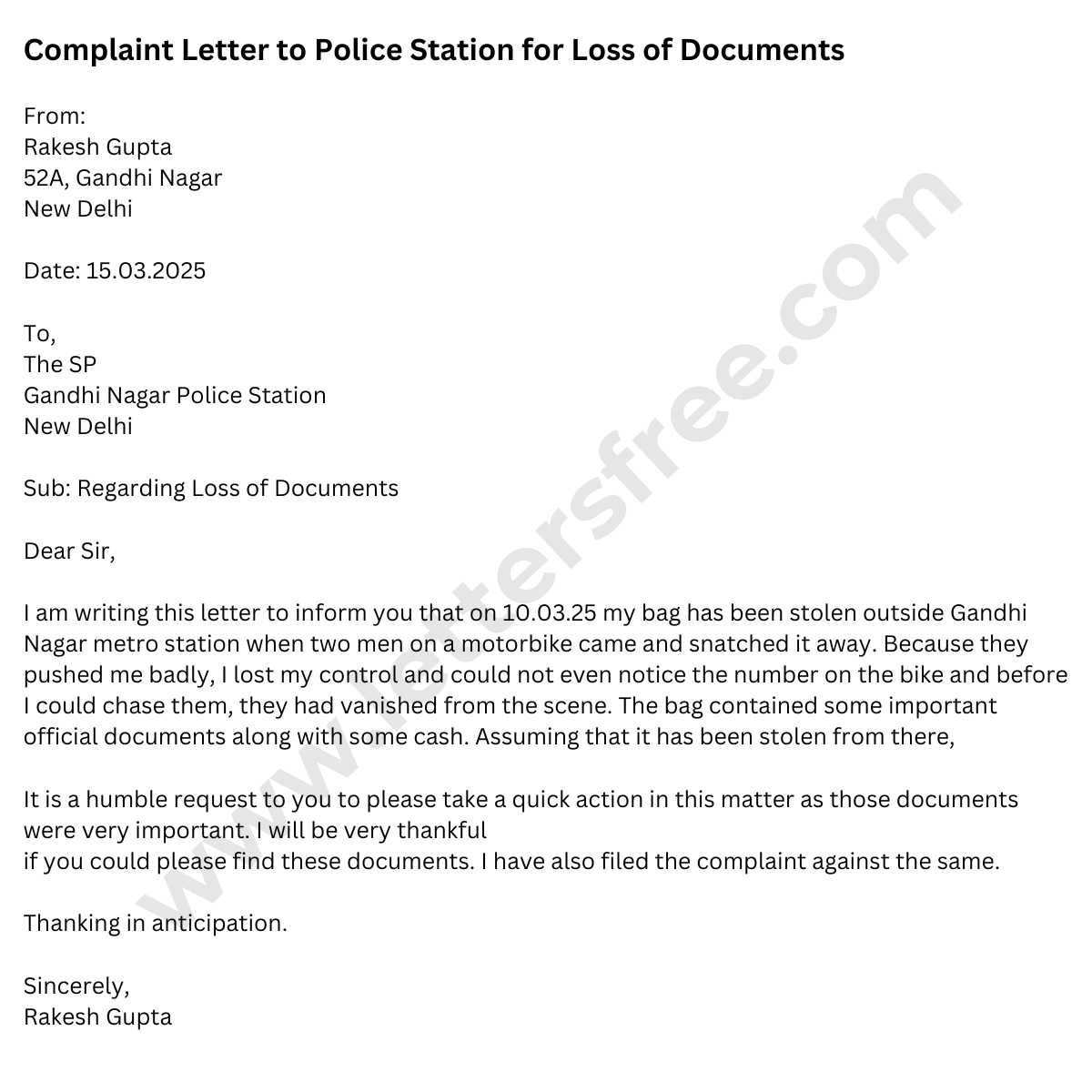 Complaint Letter To Police Station For Loss Of Documents Certificate