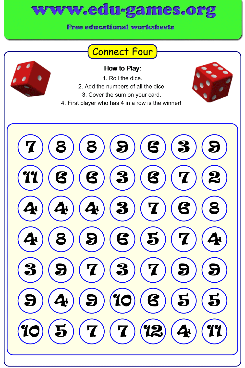 Connect Four Math Addition And Multiplication