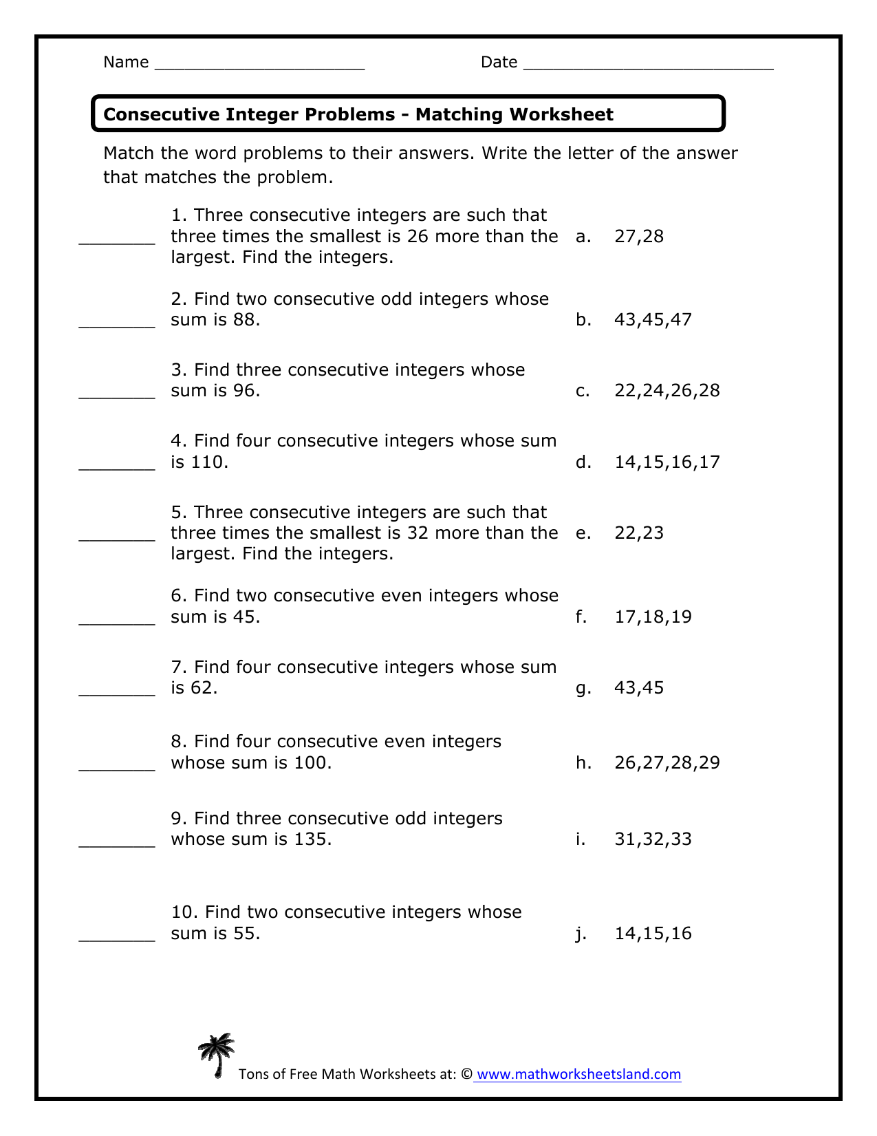Consecutive Integer Problems Worksheet Consecutive Integer Problems Worksheet