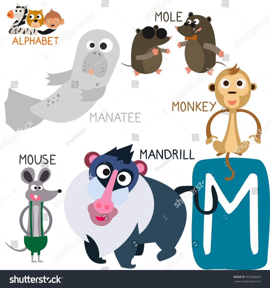Cute Animal Zoo Alphabet Letter M Stock Vector Royalty Free 451666429 Shutterstock