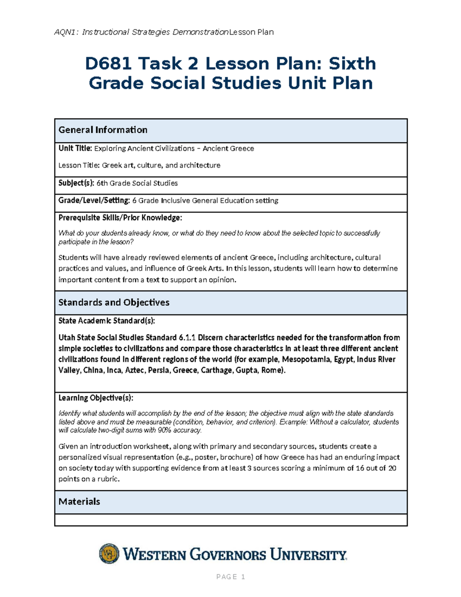 D681 Task 2 Lesson Plan On Greek Art Culture For 6th Grade Social Studies Studocu