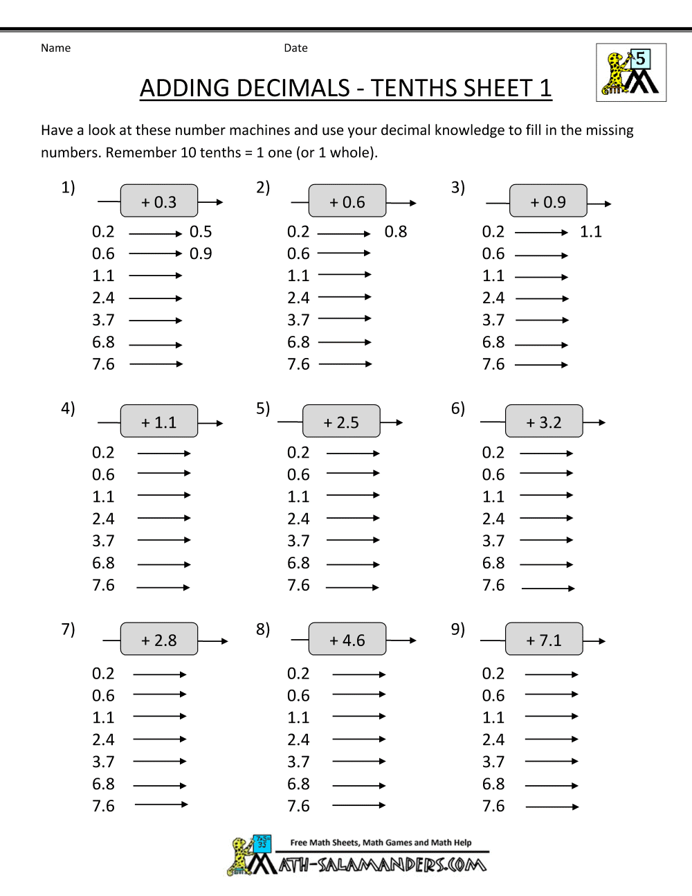 Adding Subtracting Decimals Worksheets