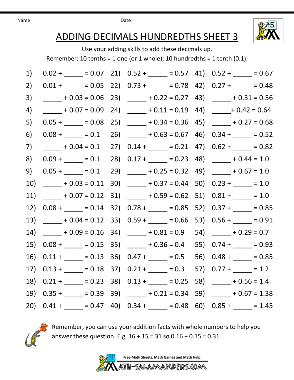 Decimal Addition Worksheets 5th Grade