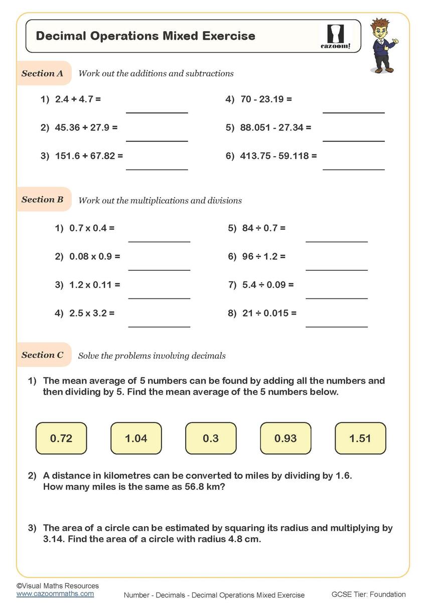 Decimal Operations Mixed Exercise Worksheet Printable PDF Decimals Worksheet