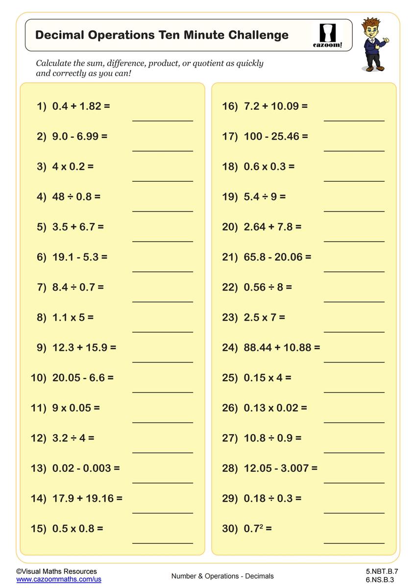Decimal Operations Mixed Exercise Worksheet Printable PDF Decimals Worksheet