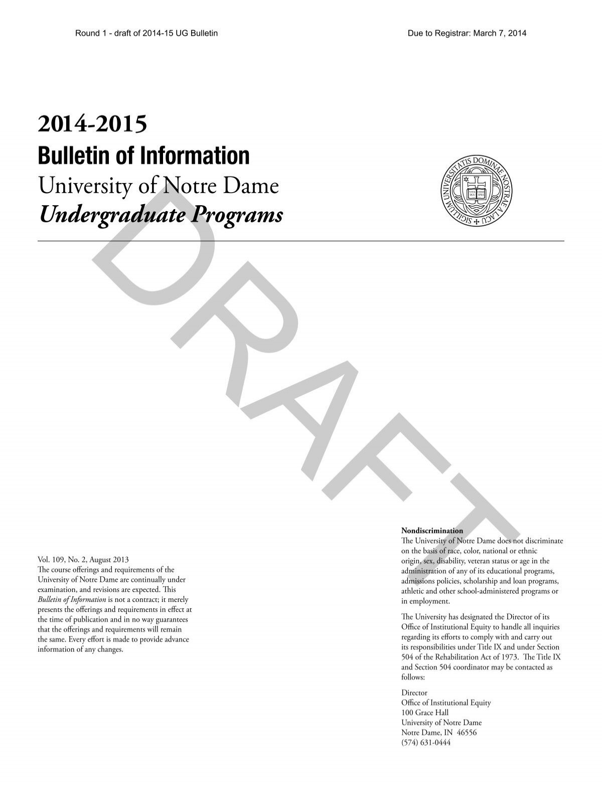 DRAFT Copy Of The Undergraduate Bulletin For Revision Registrar