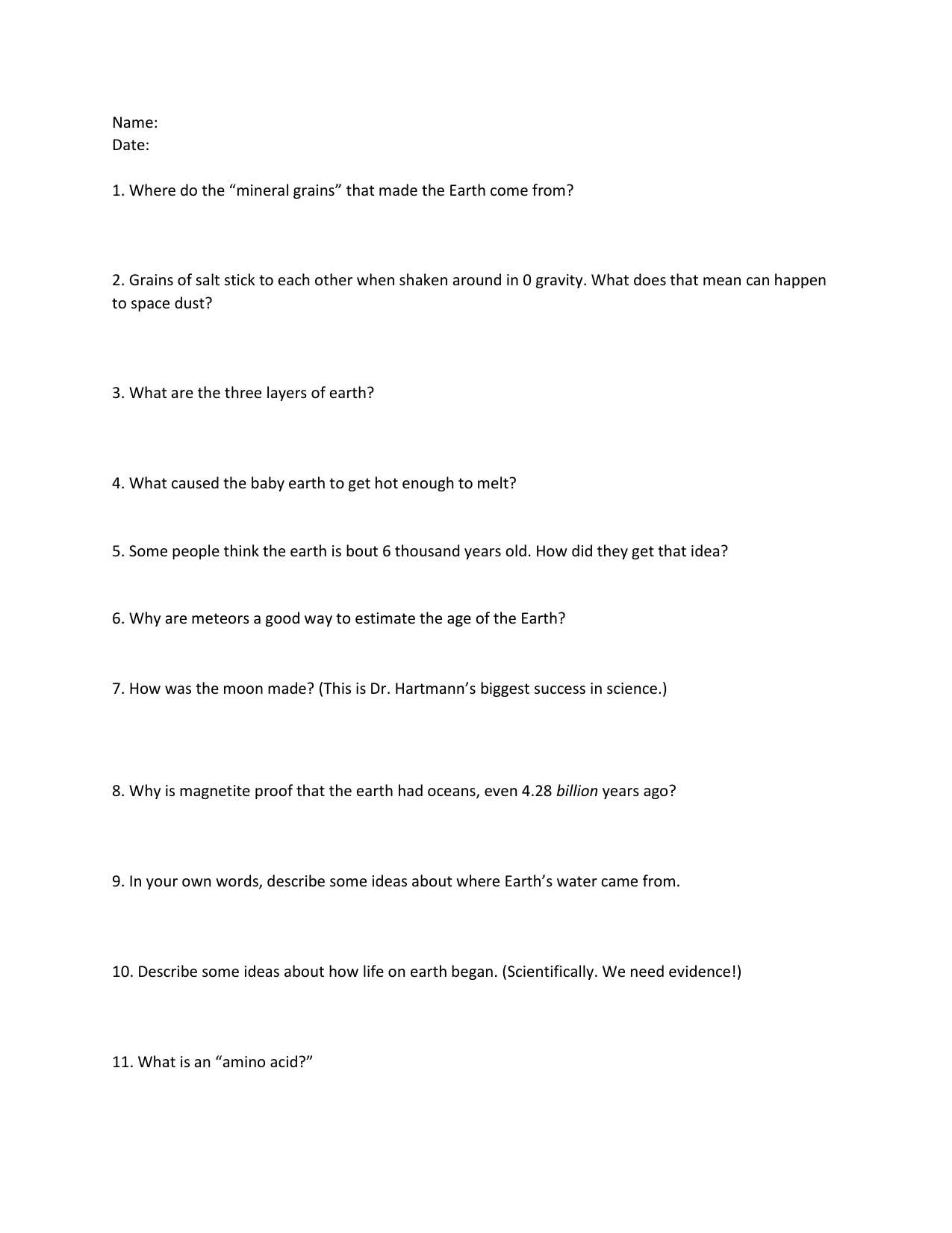 Earth Science Worksheet Earth s Origins And Early Life