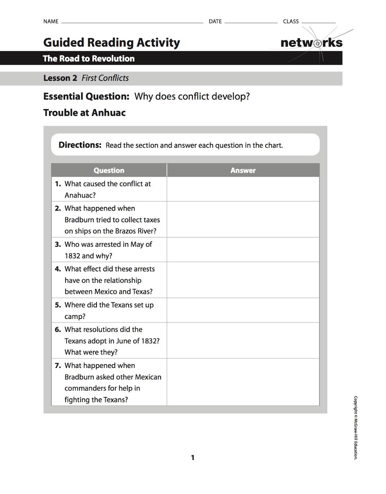 EHMS Texas History Chapter 9 Lesson 2 Guided Reading Assigned