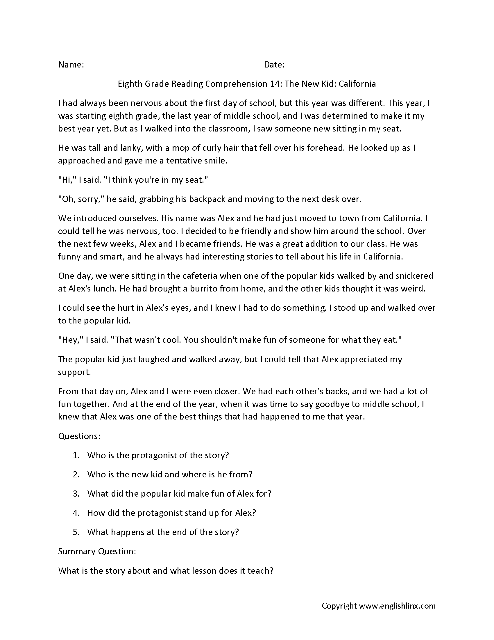 Eighth Grade Reading Comprehension Worksheets Passages Question Sets Reading Comprehension Online Exercise For Grade 8 Worksheets Library