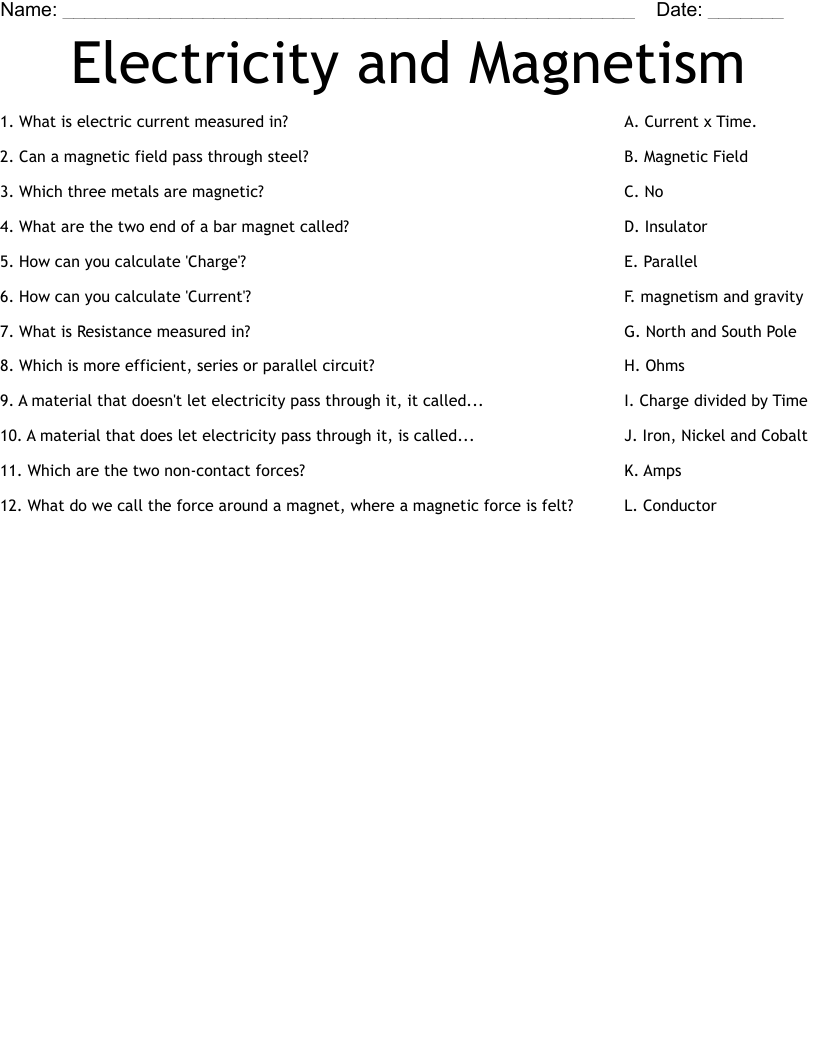 Electricity And Magnetism Worksheet WordMint