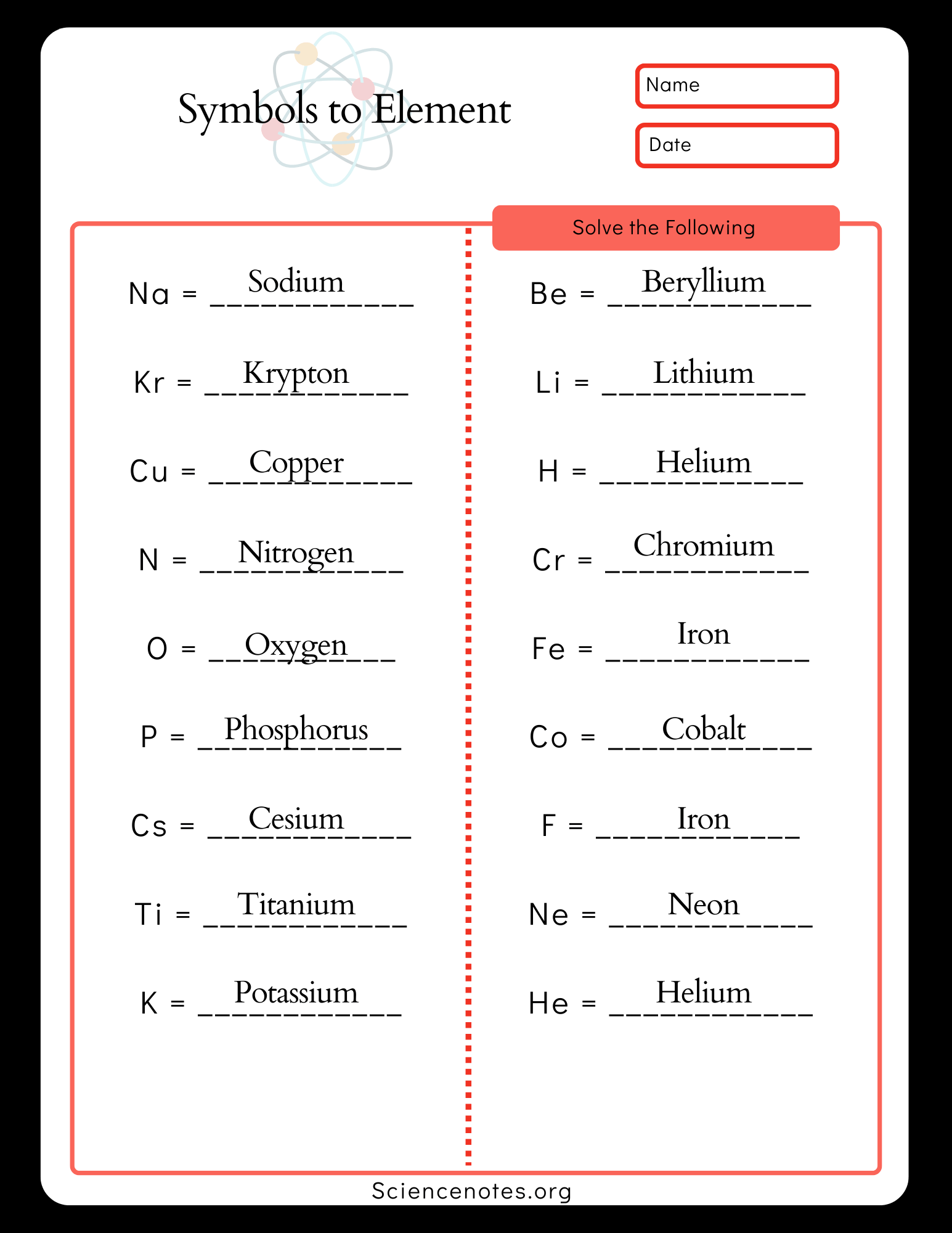 Element Names And Symbols Worksheets Element Names And Symbols Worksheets