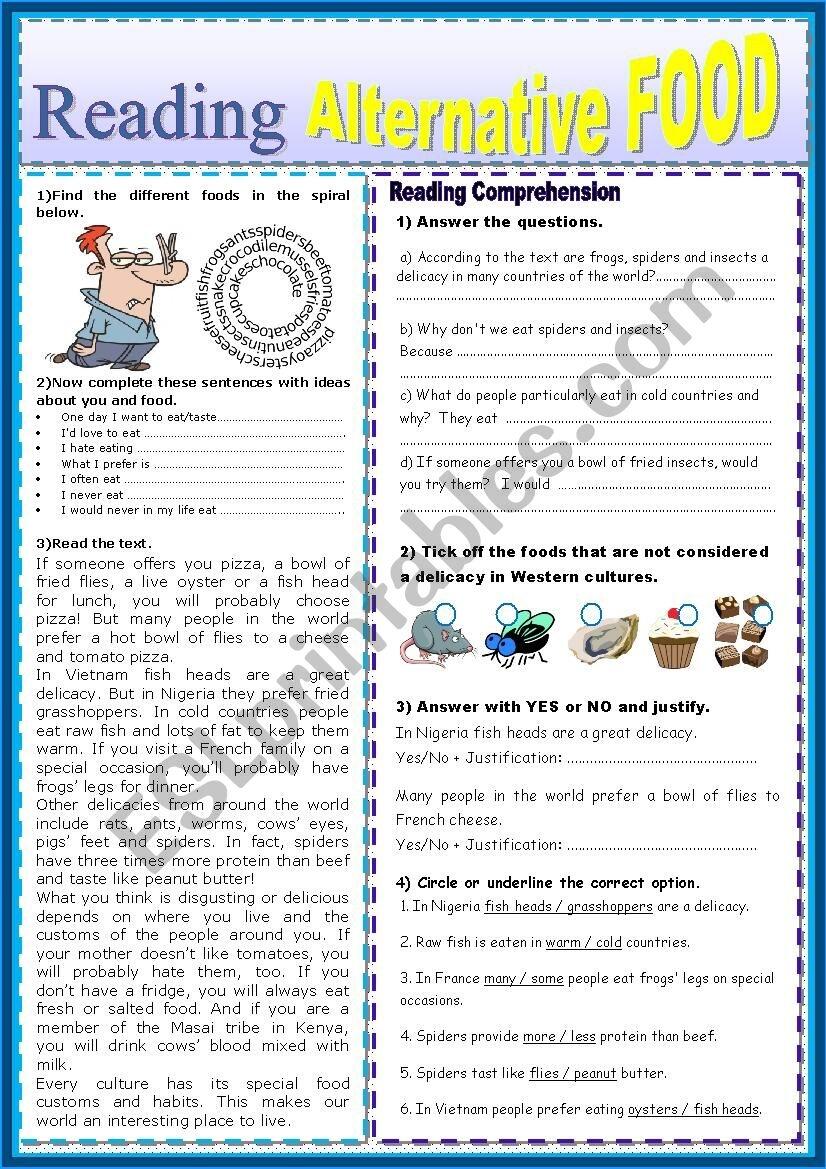 English Test ALTERNATIVE FOOD Reading Comprehension ESL Worksheet By Karagozian