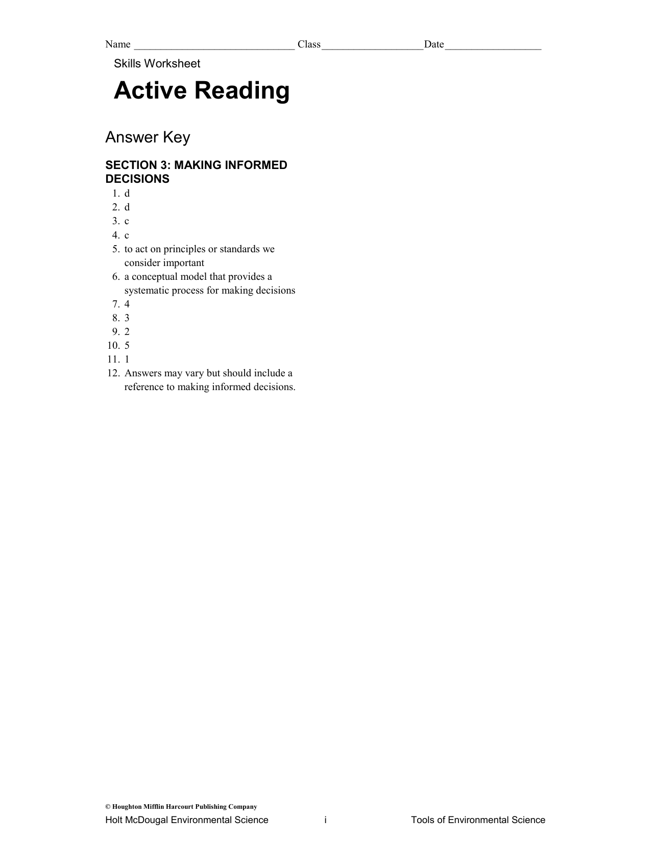 Environmental Science Informed Decisions Worksheet Key