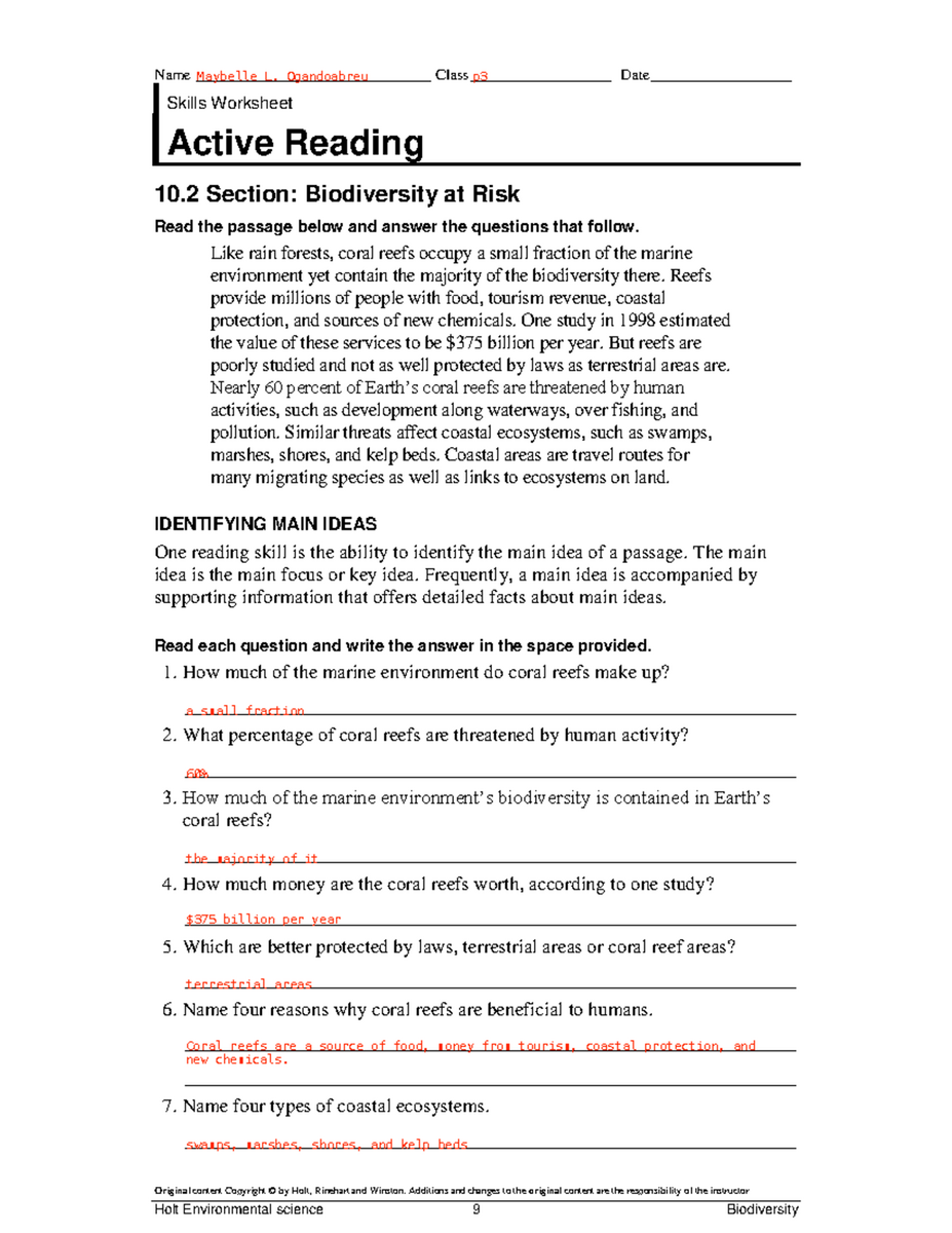 Active Reading Worksheet Freshwater Ecosystems Key Concepts Studocu