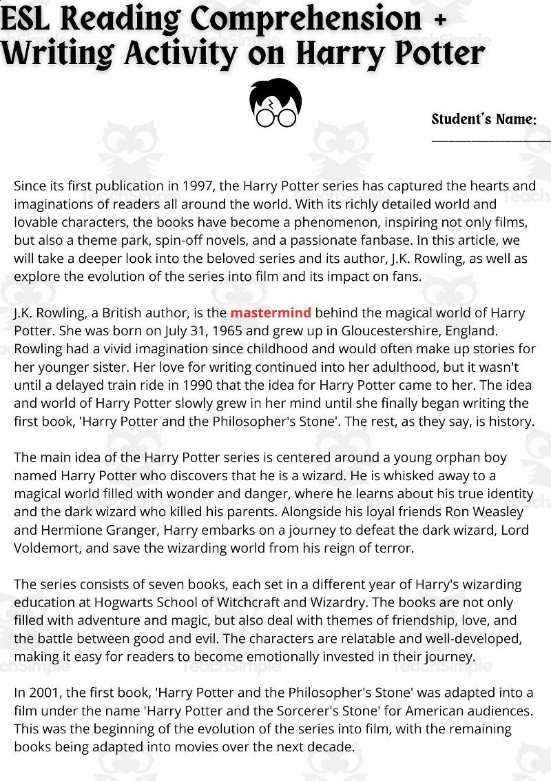 ESL Reading Comprehension Writing Activity Worksheet On Harry Potter By Teach Simple Reading Comprehension ESL Worksheets Worksheets Library