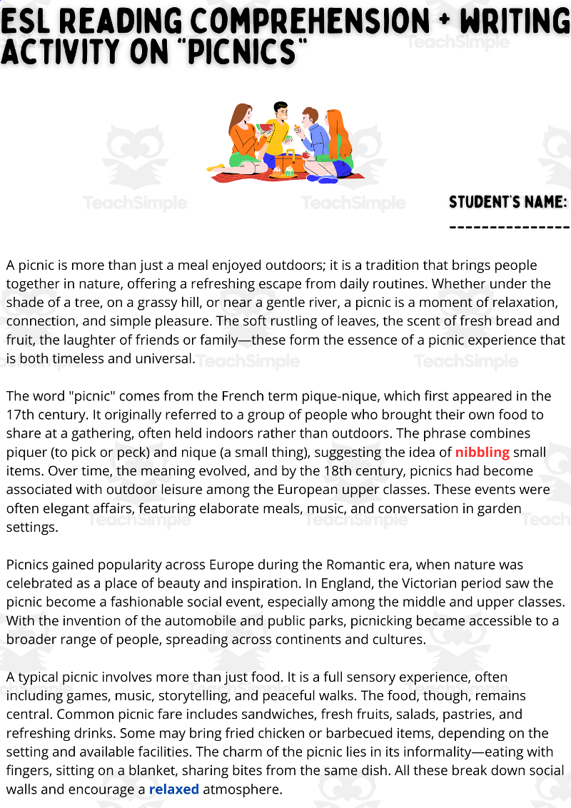 ESL Reading Comprehension Writing Activity Worksheets On Picnics By Teach Simple