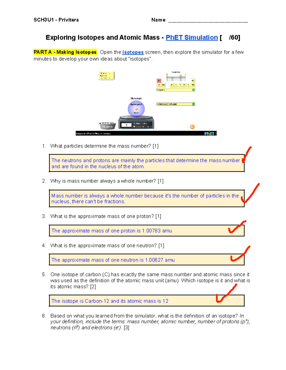 Exploring Isotopes And Atomic Mass SCH3U1 PhET Simulation Guide Studocu