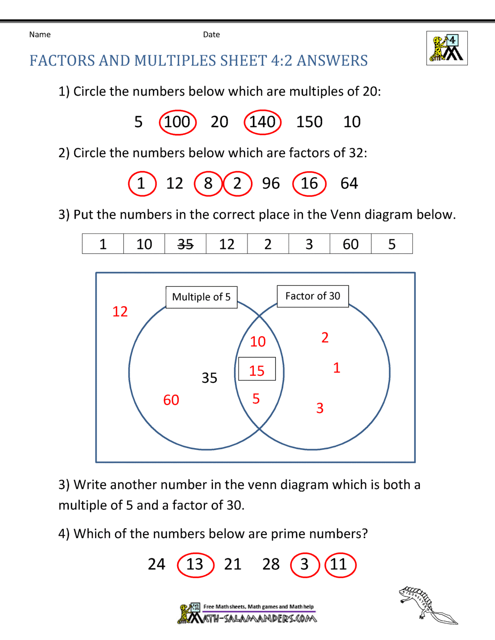 Factors And Multiples Worksheet