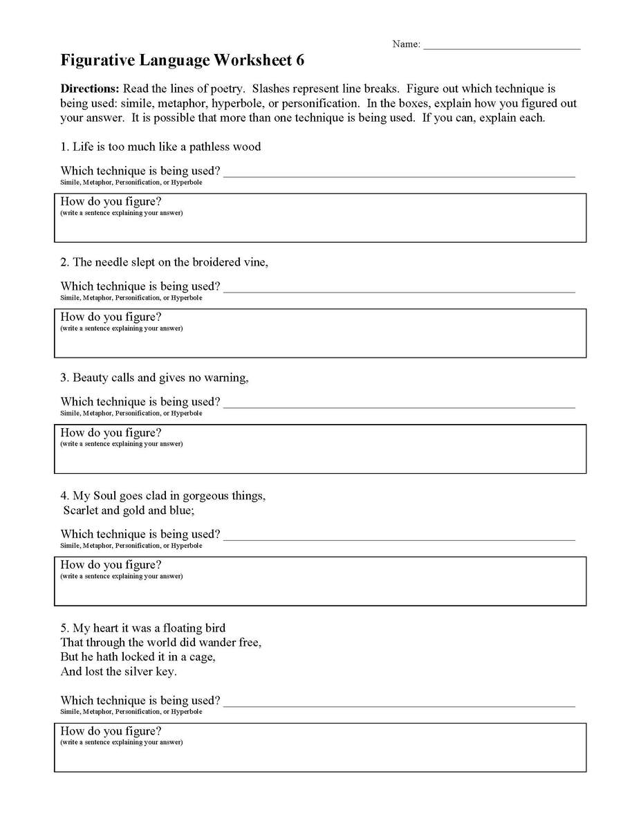 Figurative Language Worksheet 6 Reading Activity Figurative Language Worksheets