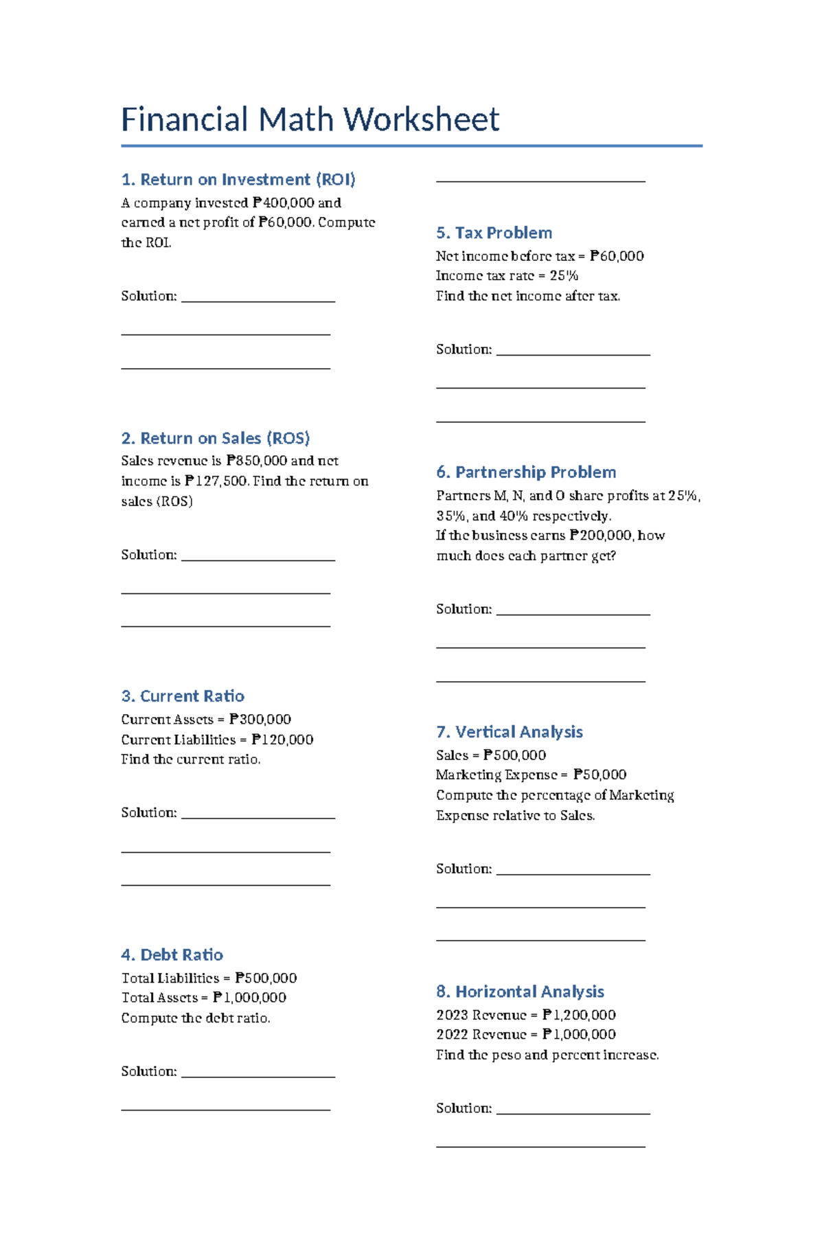 Financial Math Worksheet 1 ROI ROS And Key Ratios Studocu