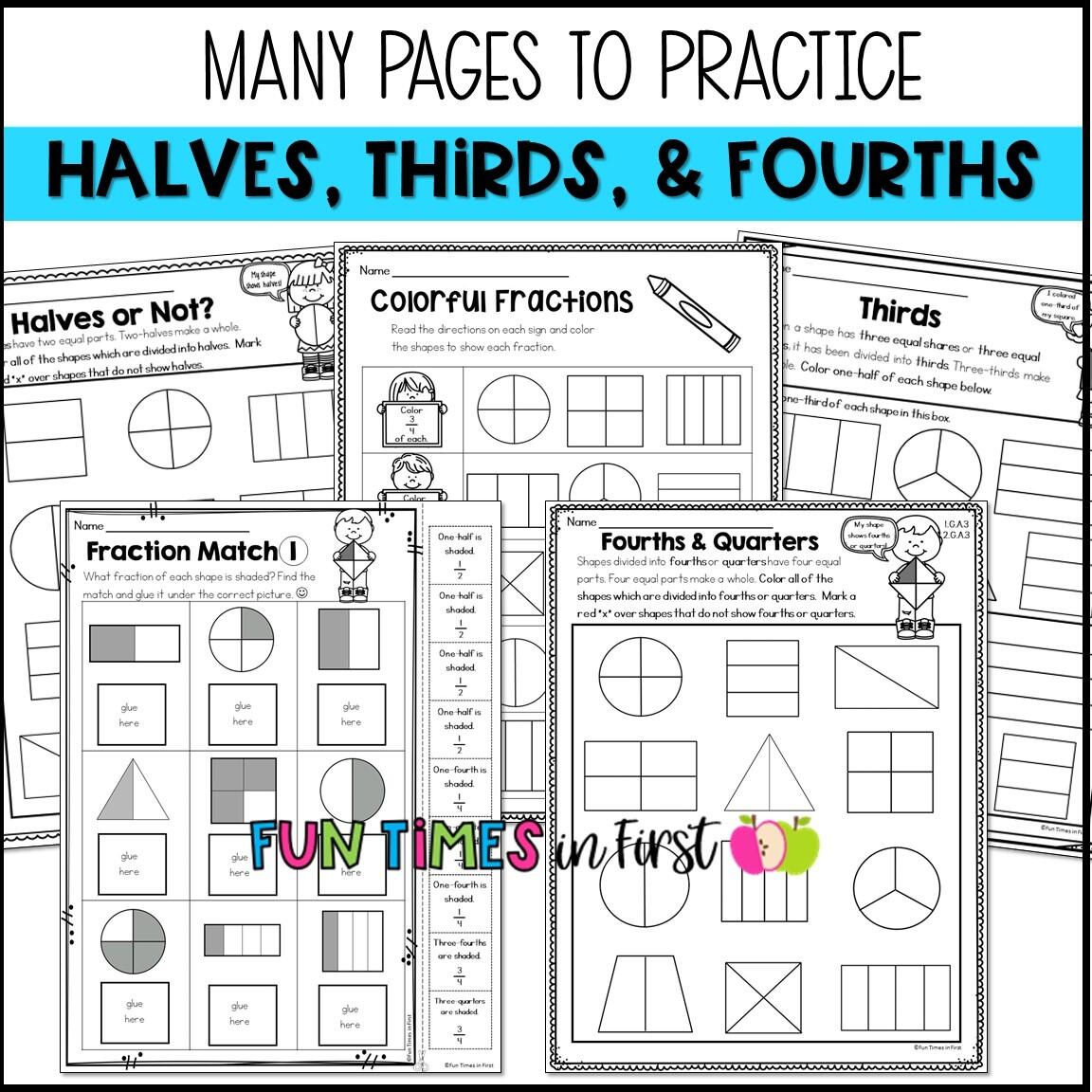 Fractions And Equal Parts Halves Fourths And Thirds No Prep Worksheets For 1st Grade Classful Partitioning Shapes Worksheet Download