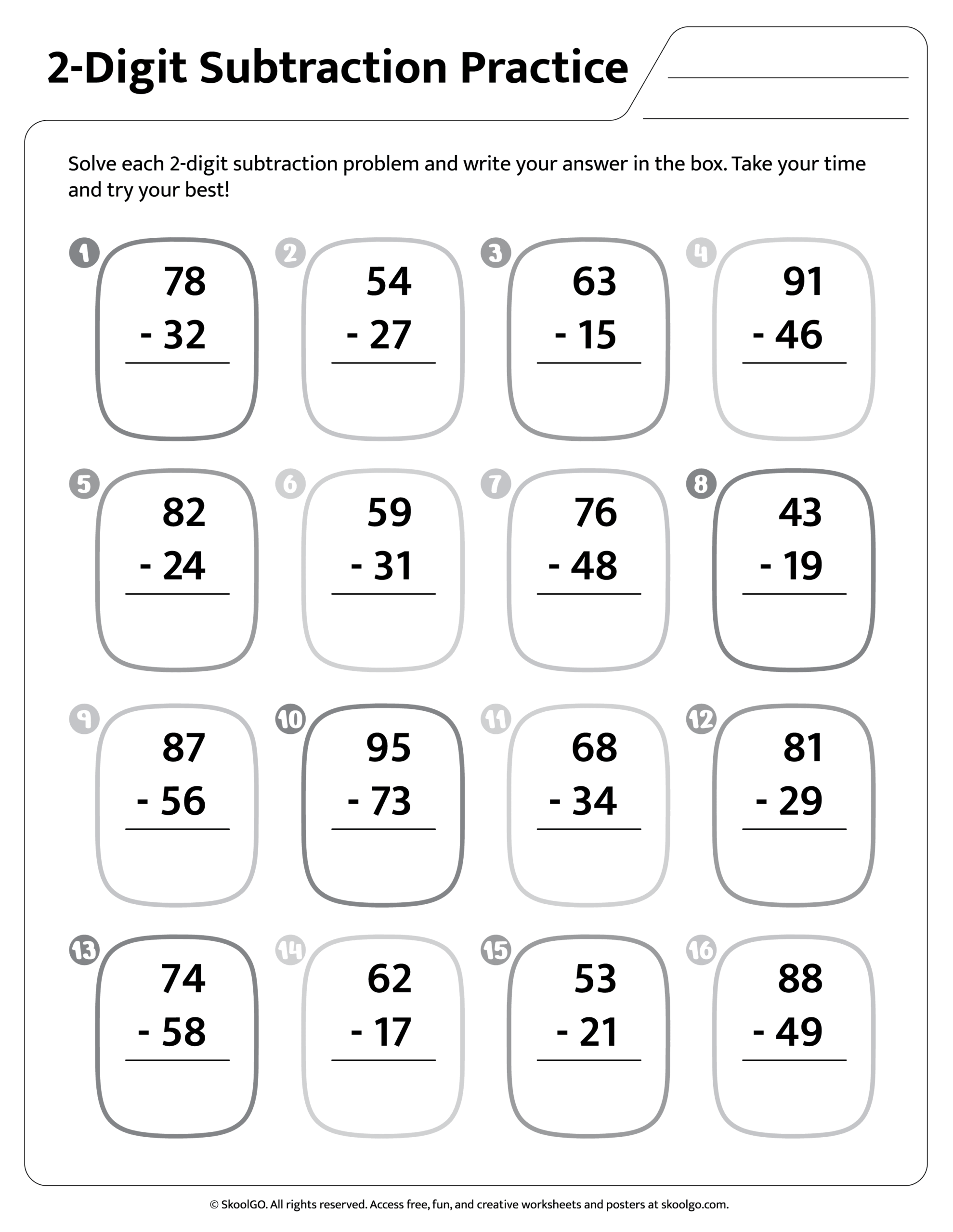 Free 2 Digit Subtraction Practice For Grades 1 3