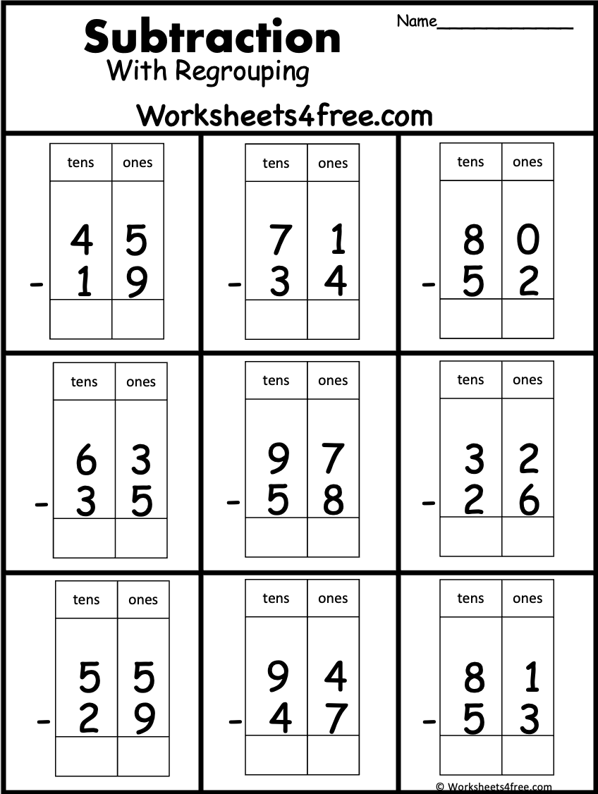 Double Digit Subtraction With Regrouping Borrowing K12 Math Worksheets