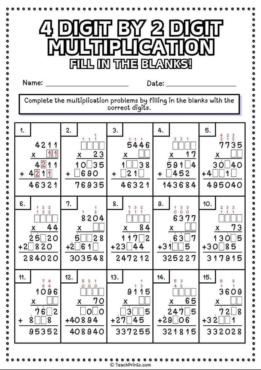 Free 4 Digit By 2 Digit Multiplication Worksheets Teach Prints