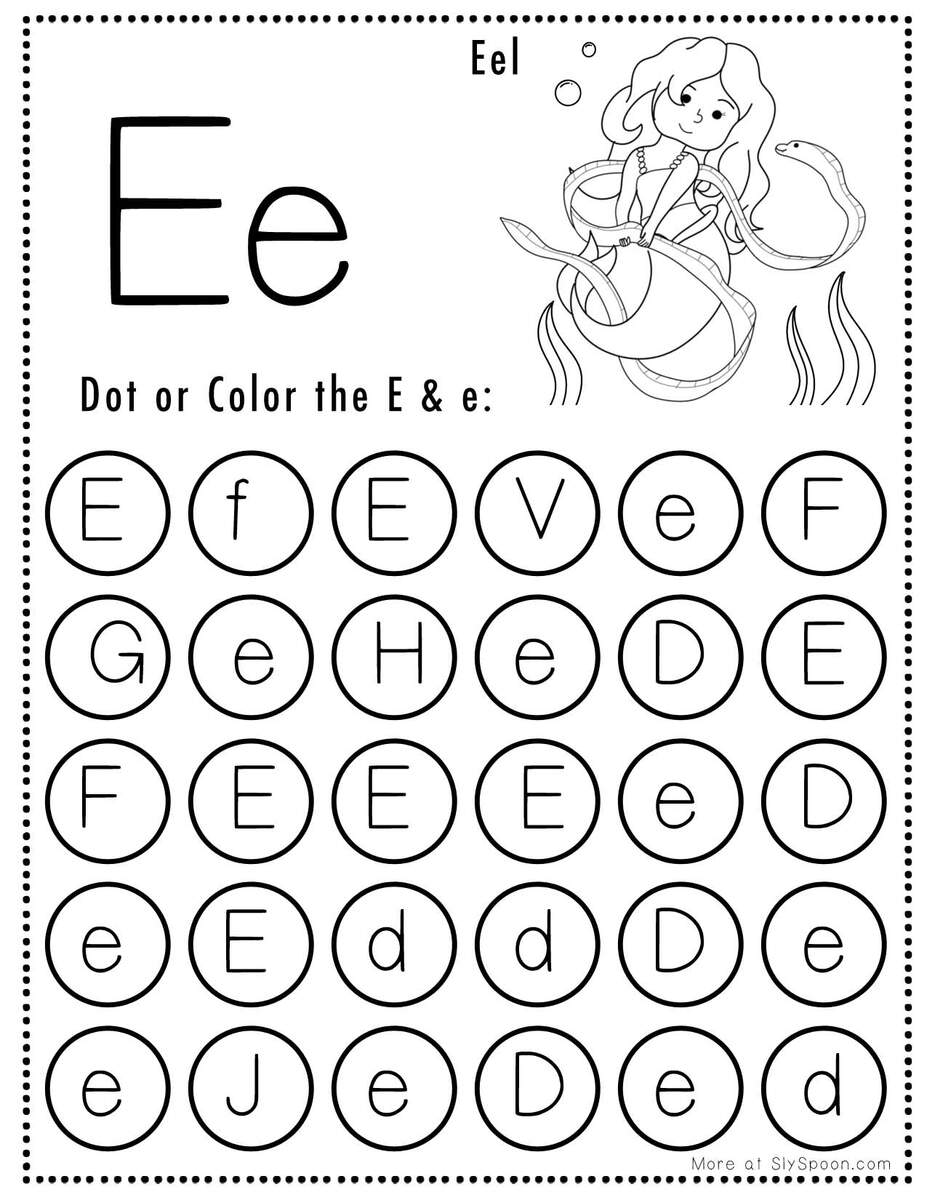Free Alphabet Do A Dot Printables Worksheets Letter E Mermaid Themed Sly Spoon Letter E Coloring Pages