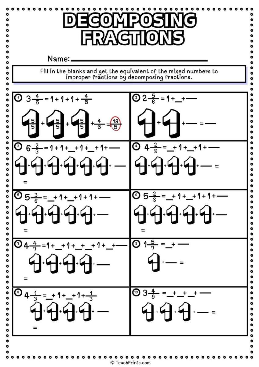 Free Decomposing Fractions Worksheets Teach Prints