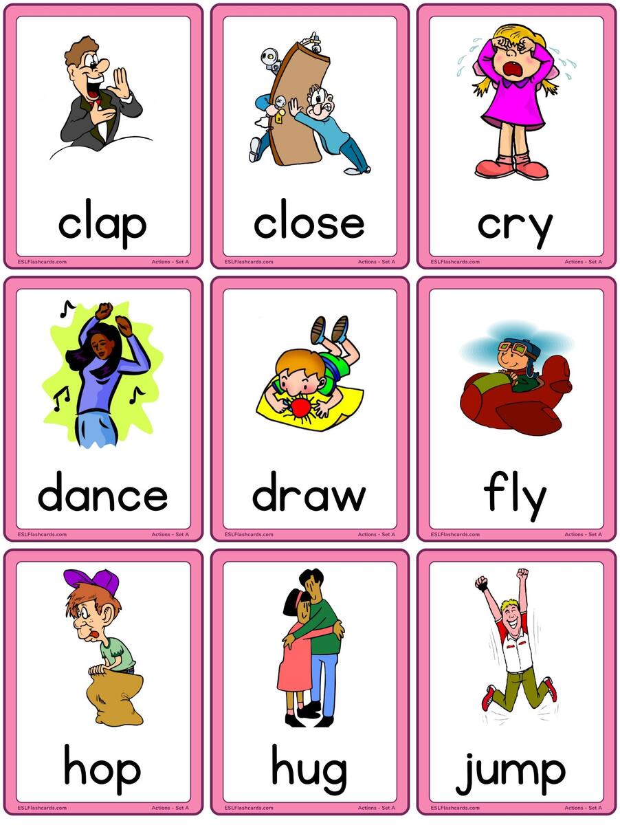 Free ESL Action Flashcards Set A ESL Flashcards Kindergarten Sight Word Flash Cards Free Printable A Pretty Happy Home
