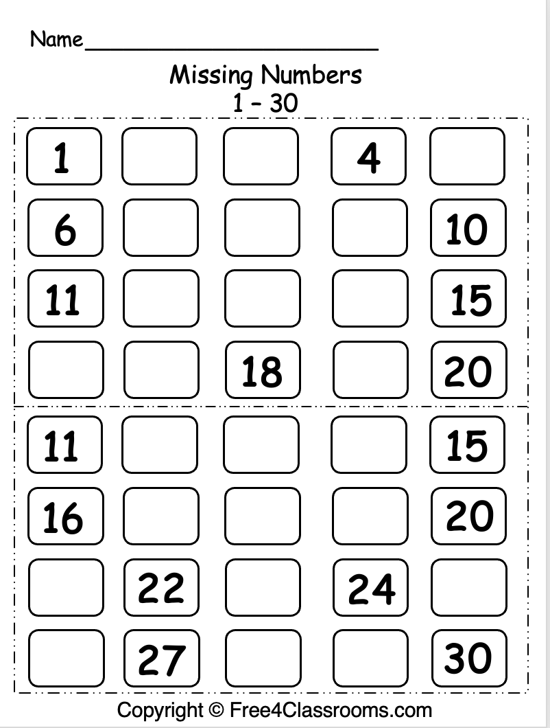 Free Missing Numbers 1 30 Worksheet Free Worksheets Free4Classrooms Free Number Chart 1 30