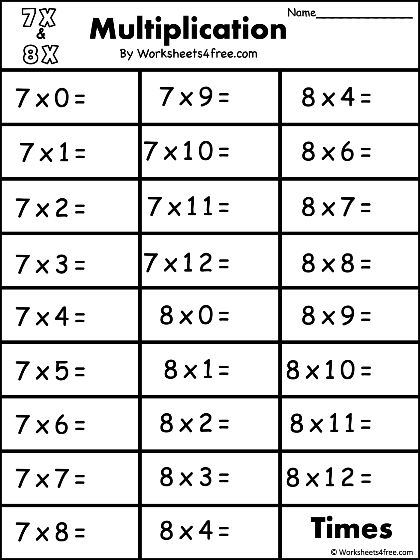 Free Multiplication Worksheet 7s 8s Worksheets4Free Worksheets Library