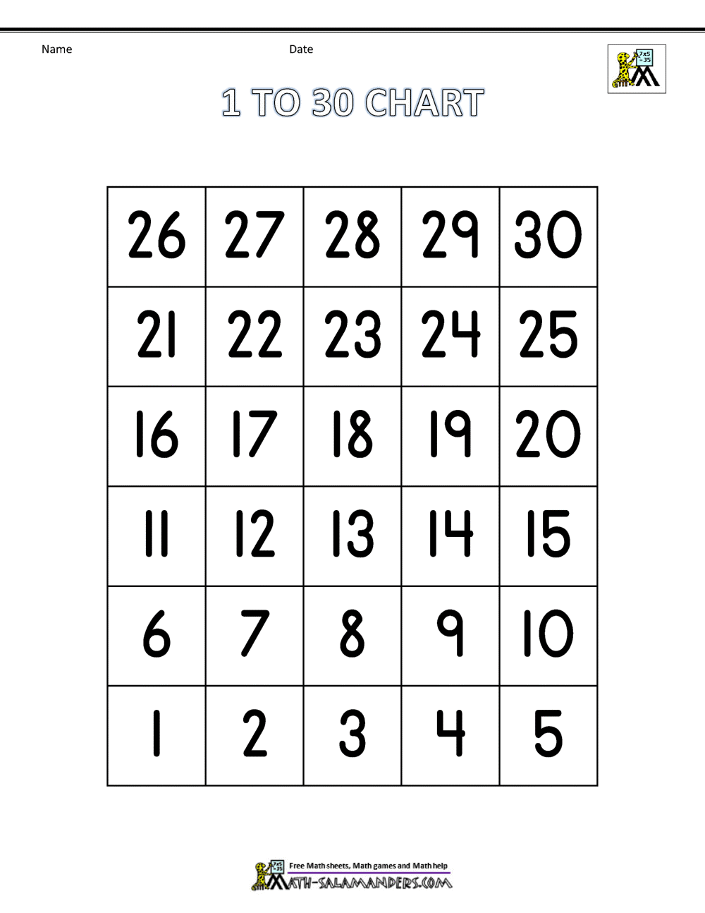 Free Number Chart 1 30 Free Number Chart 1 30