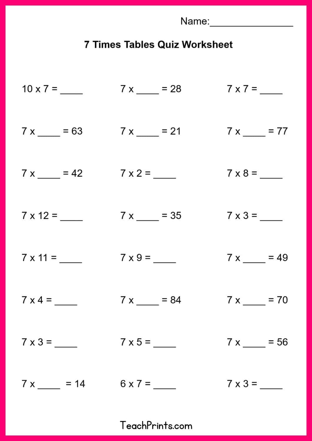 Free Seven Times Tables Worksheets 8 Versions Teach Prints