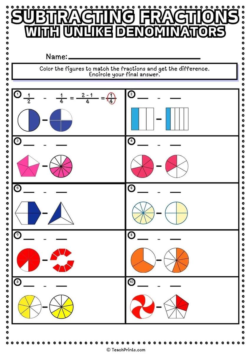 Free Subtracting Fractions With Unlike Denominators Worksheets Teach Prints Adding And Subtracting Fractions Worksheets