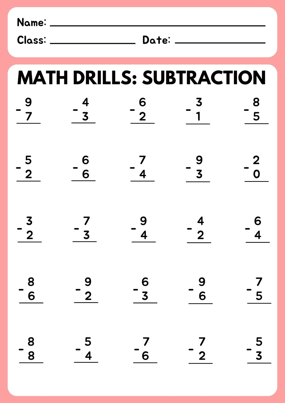 Free Subtraction Worksheet Templates To Edit And Print Canva Subtraction Math Worksheets Pdf Printable Math Champions