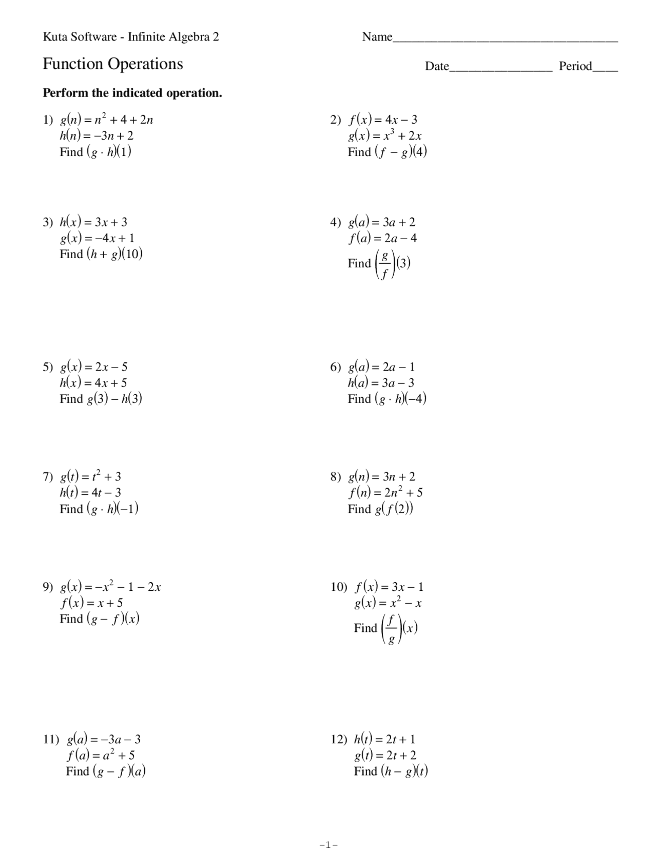 Function Operations Worksheet With Solutions Exercises Worksheets Library