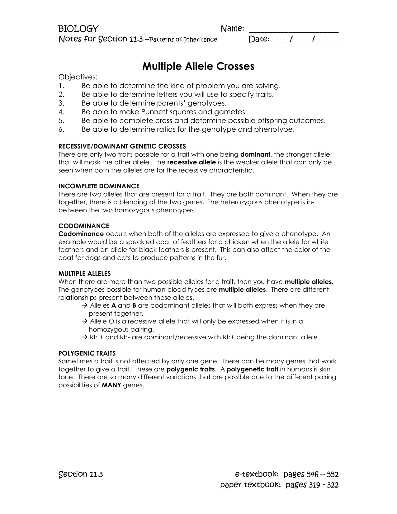 Genetics Worksheet Multiple Allele Polygenic Inheritance