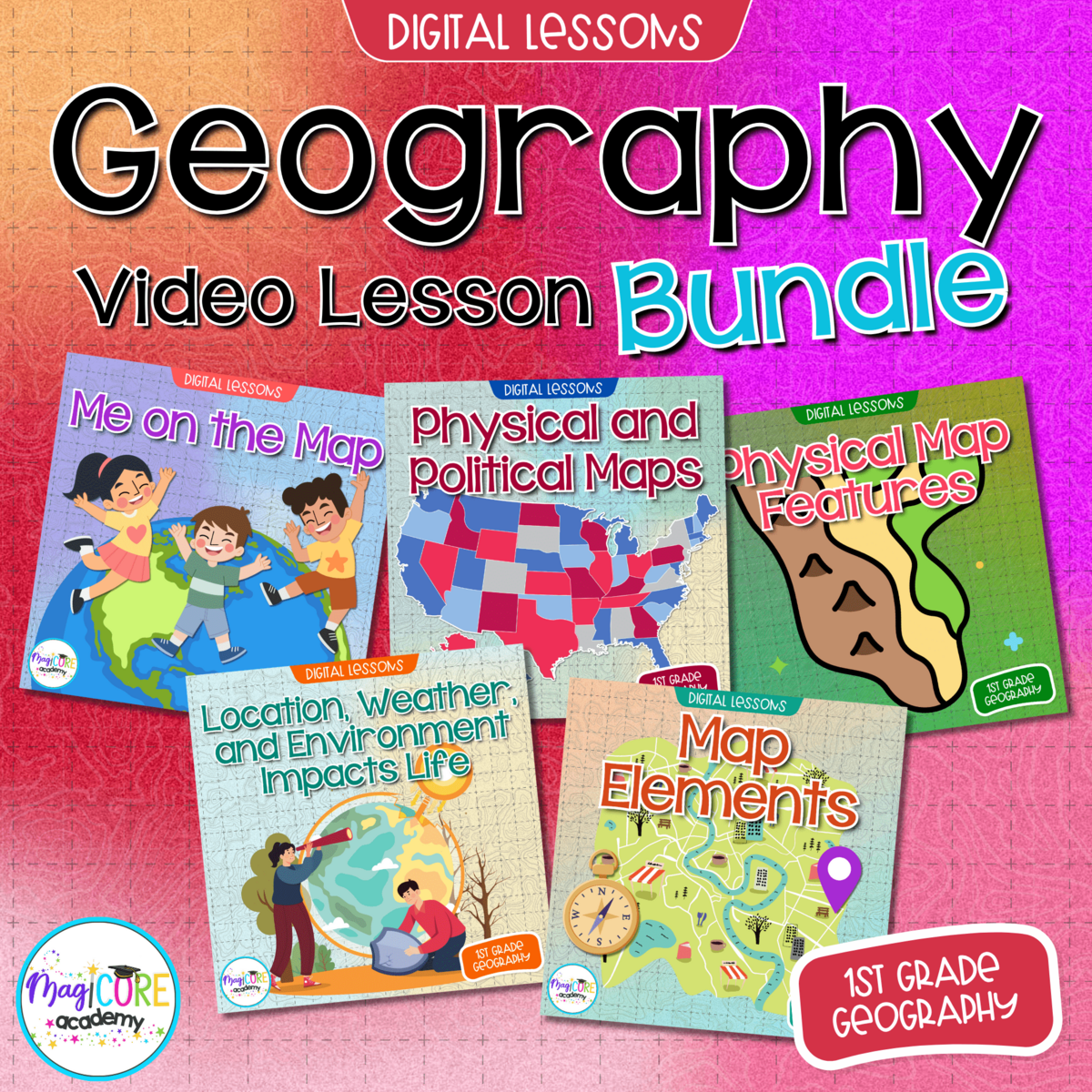Geography Digital Social Studies Lessons 1st Grade Bundle MagiCore