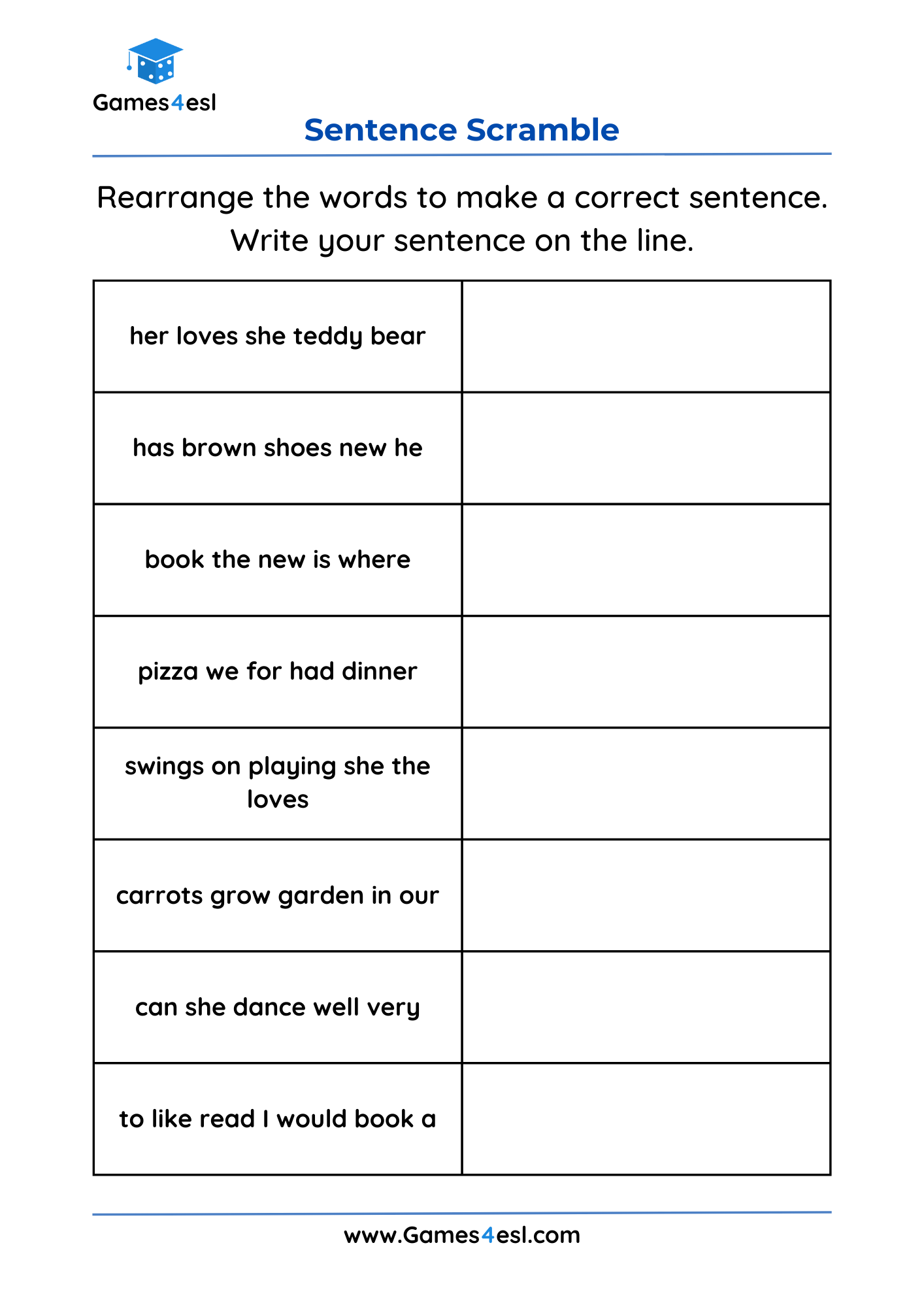 Grade 2 Sentence Worksheets Games4esl