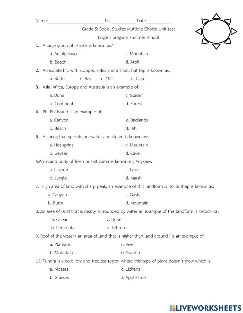 Grade 5 Social Studies Unit Test Part 1 Worksheet Worksheets Library 5th Grade Social Studies Pre Test Sean Williamson Library Worksheets Library