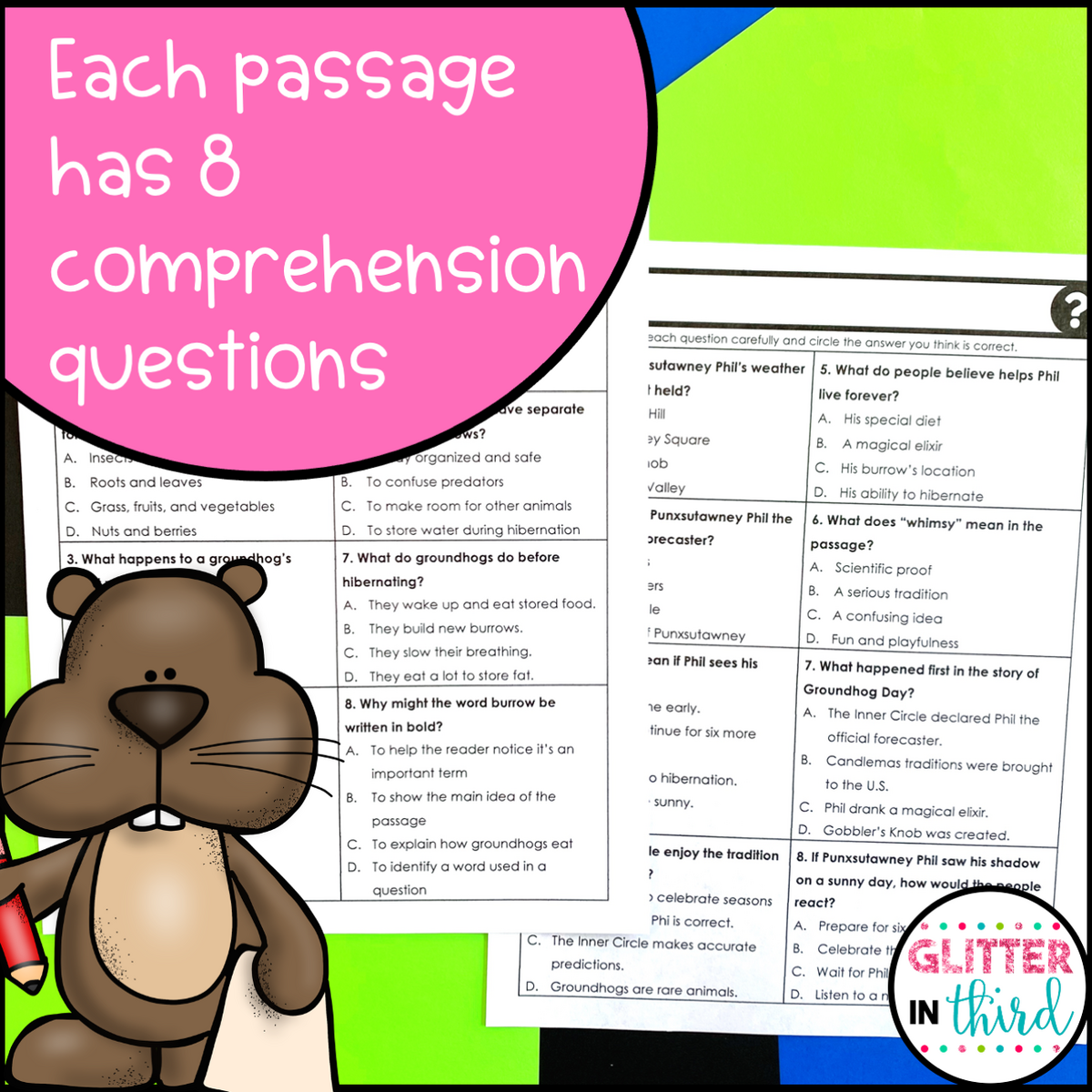 Groundhog Day Worksheets For Reading Comprehension Activities Glitter In Third Groundhog Day Reading Comprehension Passages Groundhog Day Activities Made By Teachers
