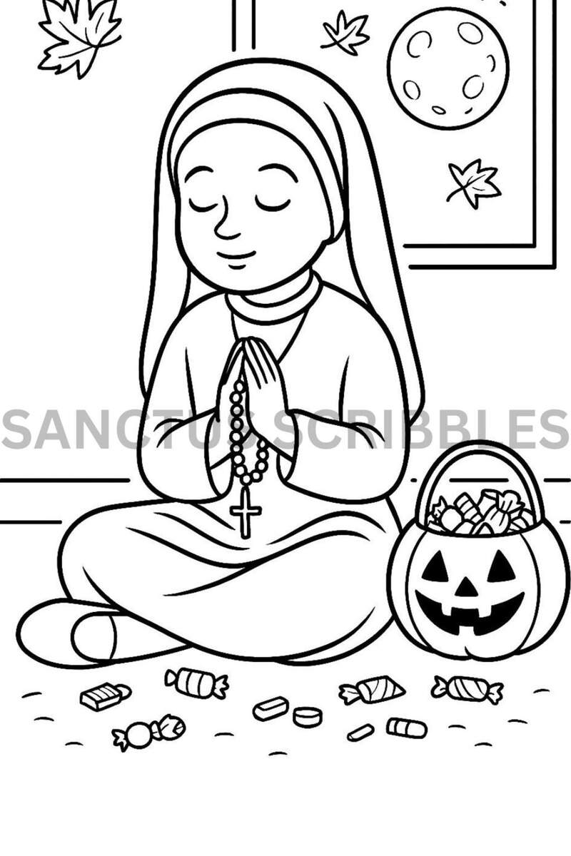 Halloween Girl Dressed As A Holy Figure Nun Catholic Trick Or Treating Catholic Coloring Page Sheet Etsy