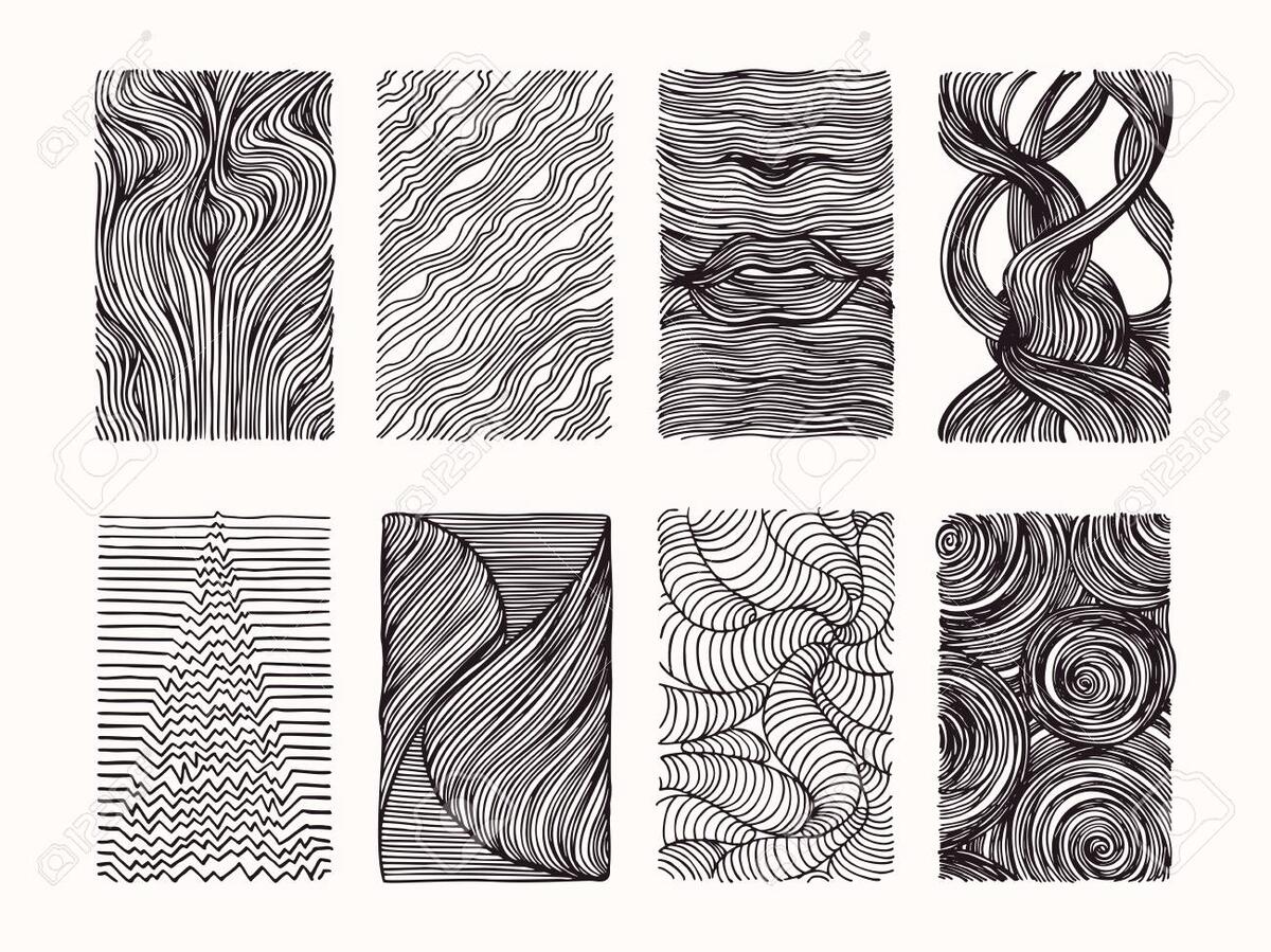 Hand Drawn Wavy Linear Textures Made With Ink Graphic Design Template Collection Swirl Curl Wavy Stripe Abstract Line Drawing Organic Background Linear Graphic Pattern Isolated Vector Set Royalty Free SVG Cliparts Vectors
