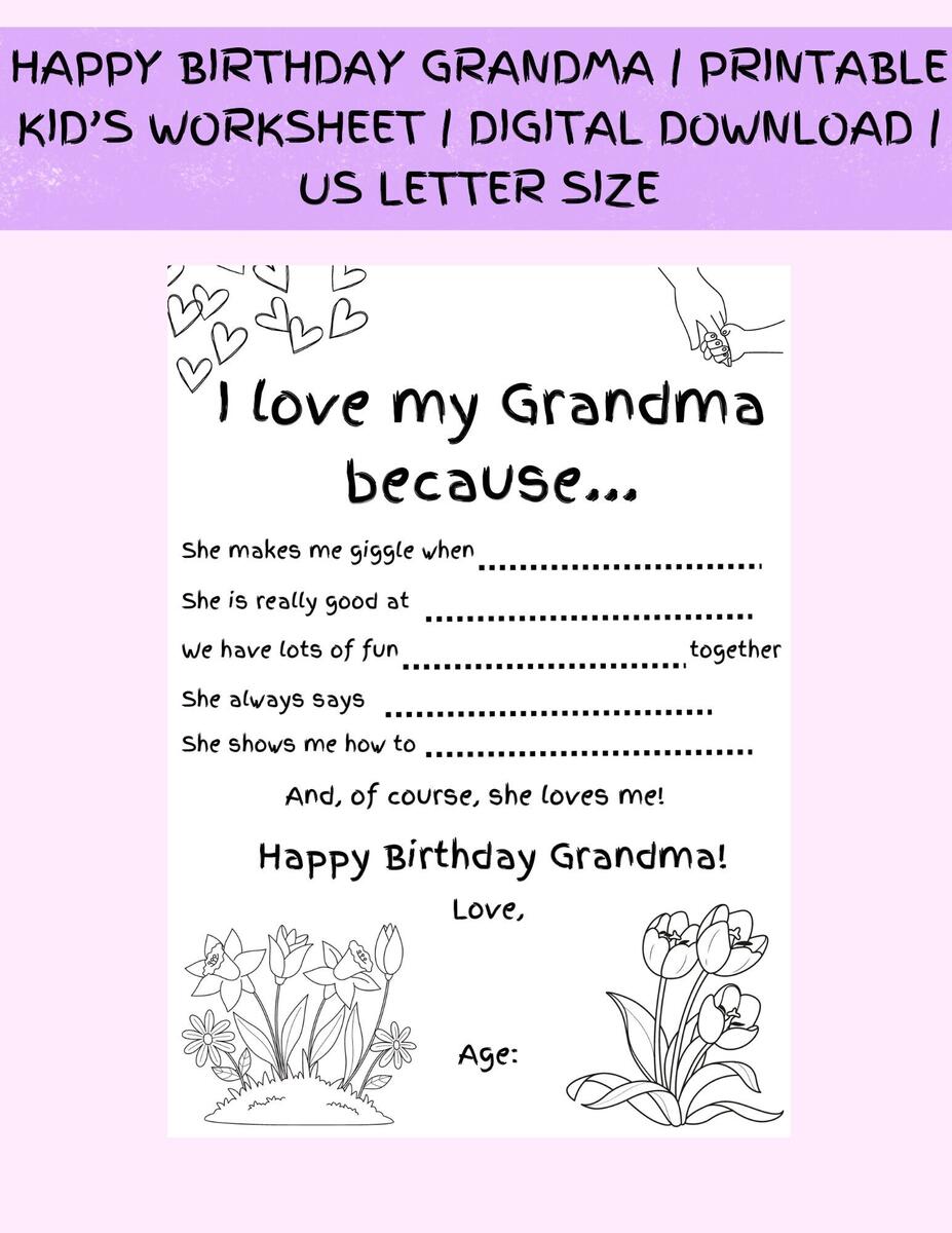 Happy Birthday Gift To Grandma Worksheet For Kids Fill In The Blanks Digital Download Printable PDF I Love My Grandma Because Etsy Happy Birthday Grandma Coloring Page Printable All About My Grandma Fill In Template Activity Granny Birthday Printable Card For Kids Etsy