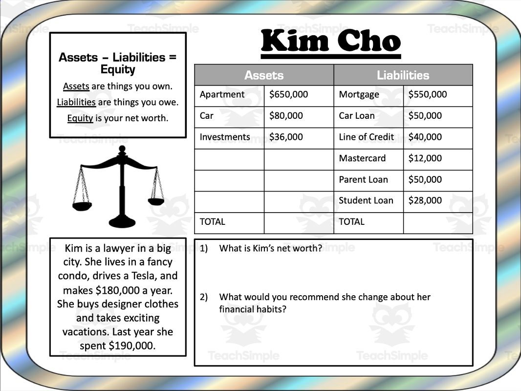 High School Financial Literacy Net Worth Assets Liabilities By Teach Simple